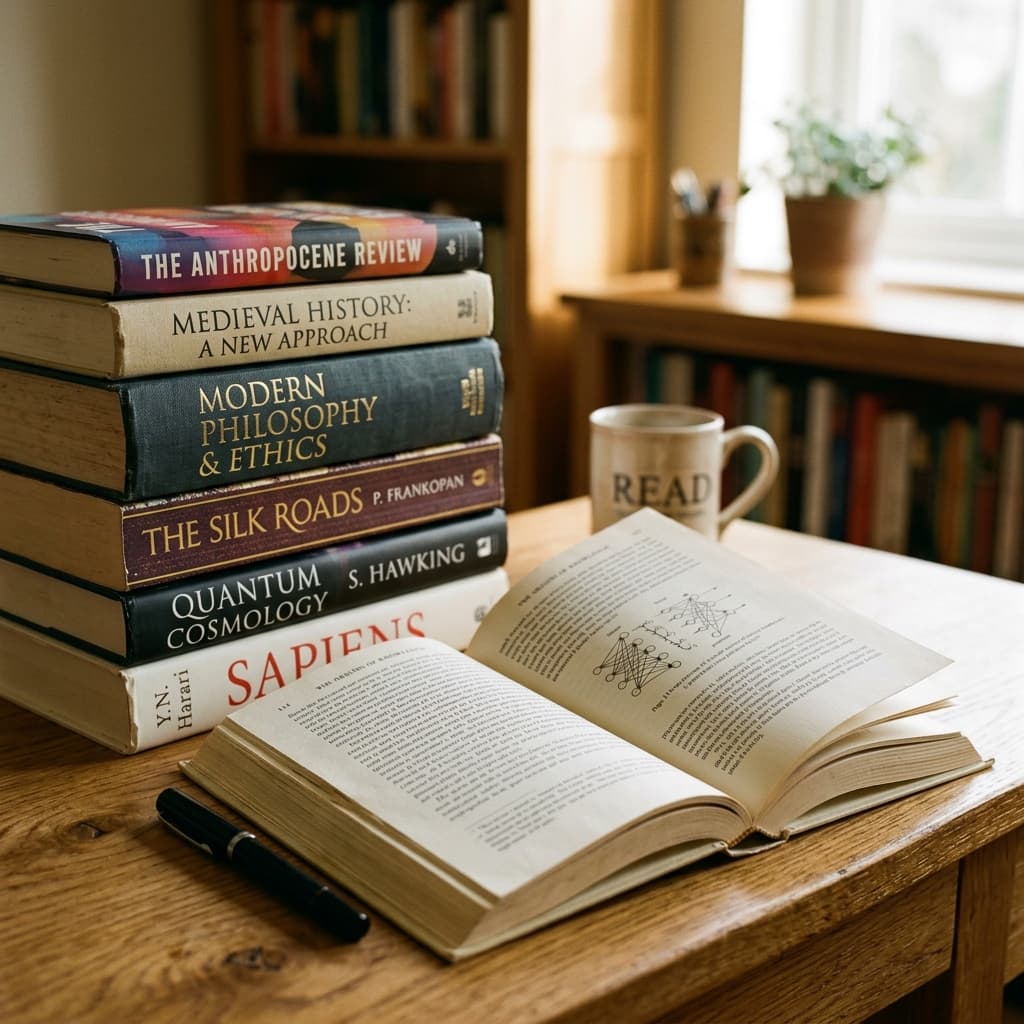 Stacked books on desk